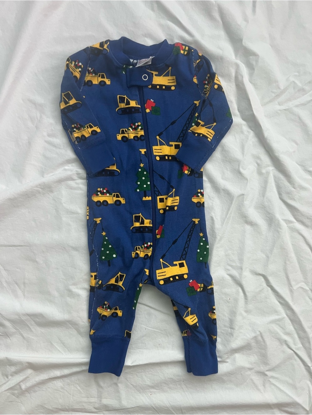 Hanna Andersson Blue Christmas Construction Vehicle One-Piece Sleeper